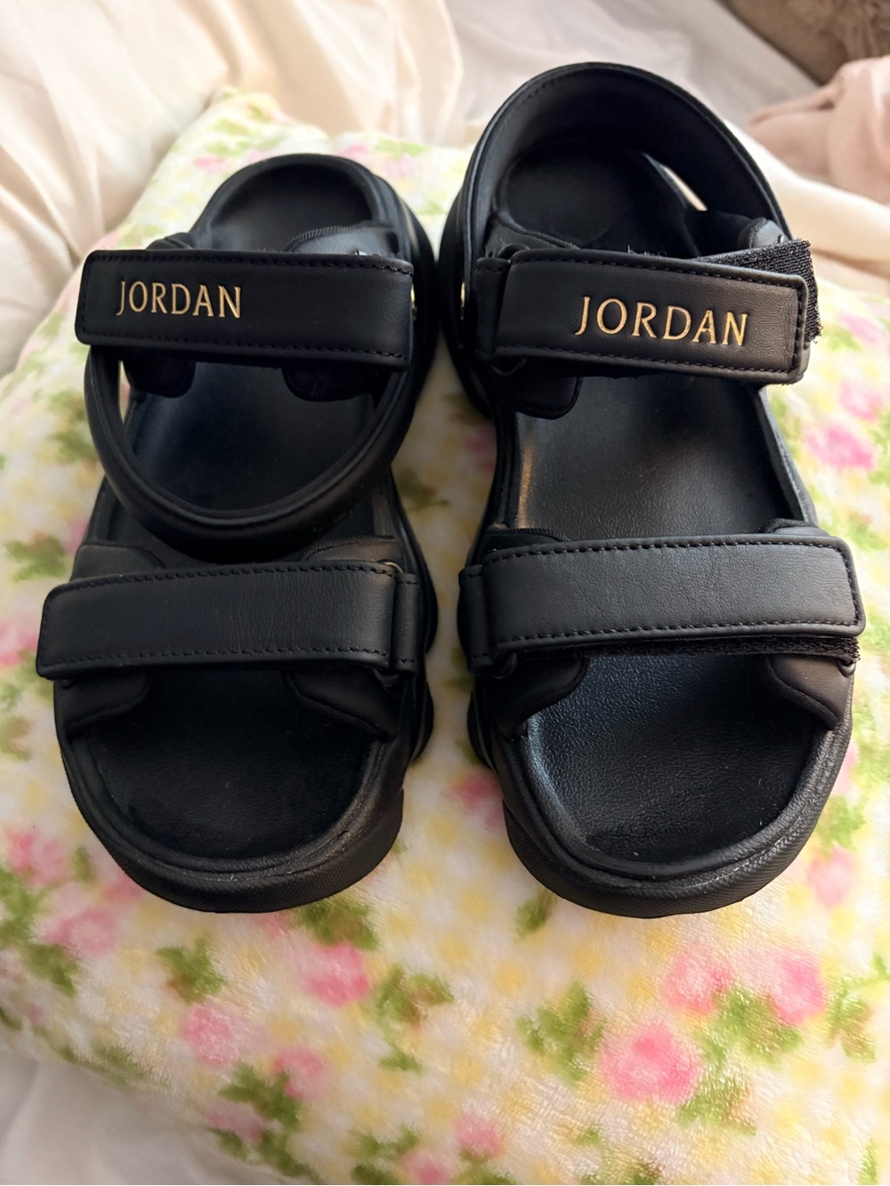 Jordan Black Sandals with Gold Logo Accent